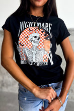 Load image into Gallery viewer, Black Nightmare Before Coffee Skull Checkerboard Graphic Halloween Tee