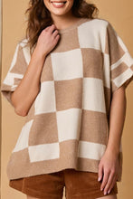 Load image into Gallery viewer, Light French Beige Checkered Pattern Loose Drop Shoulder Half Sleeve Sweater