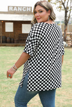 Load image into Gallery viewer, Black Checkered Print Side Slits O Neck Plus Size T Shirt