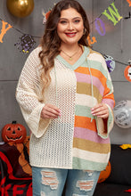 Load image into Gallery viewer, Beige Pointelle Knit Colorblock Patchwork V Neck Hooded Plus Sweater