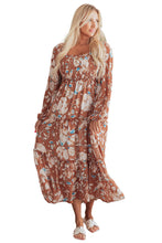 Load image into Gallery viewer, Brown Floral Print Shirred Square Neck High Waist Maxi Dress