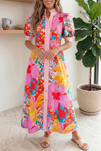 Load image into Gallery viewer, Green Stripe Floral Print Striped Trim Button Down Short Sleeve Vacation Dress