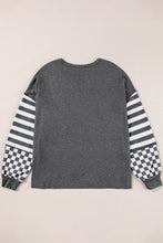 Load image into Gallery viewer, Dark Grey Checkerboard Striped Patchwork Lantern Sleeve Pocketed Blouse