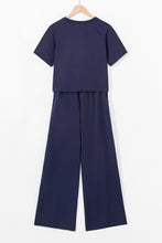 Load image into Gallery viewer, Navy Blue Raw Hem Loose Tee and Wide Leg Pants Set