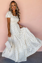 Load image into Gallery viewer, White Frilly Shirred Bodice Tiered Floral Maxi Dress