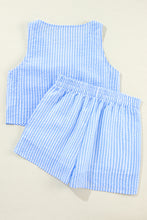 Load image into Gallery viewer, Sky Blue Stripe V Neck Bowknot Crop Tank and Shorts Set