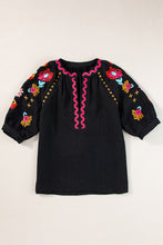 Load image into Gallery viewer, Black Floral Embroidered Ricrac Puff Sleeve Textured Blouse