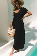 Cargar imagen en el visor de la galería, Black V Neck Hidden Pocket Splits Maxi T-shirt Dress