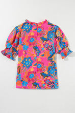 Cargar imagen en el visor de la galería, Rose Frilly Mock Neck Short Puff Sleeve Floral Blouse