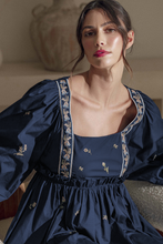 Load image into Gallery viewer, Blue Floral Embroidered Square Neck Puff Sleeve Ruffled Mini Dress