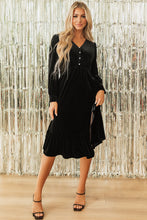 Load image into Gallery viewer, Black Velvet Buttoned Puff Sleeve V Neck Split Midi Dress