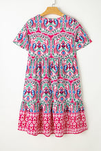 Cargar imagen en el visor de la galería, Pink Bohemian Print Tie Neck Ruffle Hem Short Dress
