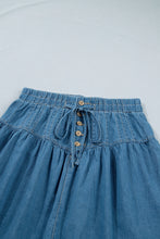Cargar imagen en el visor de la galería, Sky Blue Half Buttons Pleated High Waist Denim Mini Skirt with Drawstring
