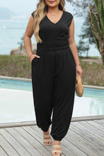 Load image into Gallery viewer, Black Plus Smocked High Waist Sleeveless V Neck Jumpsuit