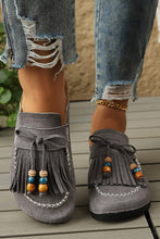 Cargar imagen en el visor de la galería, Color black Boho Bow Fringed Faux Suede Slip-on Loafers Square Toe Casual Slippers
