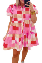 Load image into Gallery viewer, Pink Plaid Print Puff Sleeve Buttoned Tiered Dress
