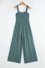 Load image into Gallery viewer, Green Floral Print Smocked High Waist Square Neck Jumpsuit