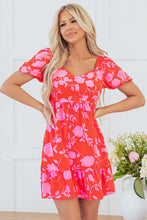 Load image into Gallery viewer, Red Floral Bubble Sleeve Sweetheart Neck Ruffled Mini Dress