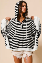 Load image into Gallery viewer, Black white Oversized Striped Henley Buttons Dolman Sleeve Hooded Top