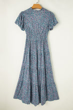Load image into Gallery viewer, Blue Printed V Neck Shirred Short Puff Sleeve Maxi Dress