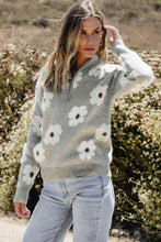 Load image into Gallery viewer, Gray Floral Pattern Half Zip Drop Shoulder Sweater