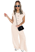 Load image into Gallery viewer, Apricot Checkered Print Buttoned Crew Neck Wide Leg Jumpsuit