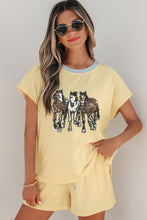 Cargar imagen en el visor de la galería, Yellow Cream Ribbed Knit Two Piece Set Sequin Horse Patched Casual Short Set