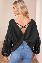 Cargar imagen en el visor de la galería, Black Sequin Patchwork Sleeve Open Back Waffle Knit Top