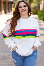 Cargar imagen en el visor de la galería, White Plus Size Colorful Striped Drop Shoulder Loose Sweatshirt