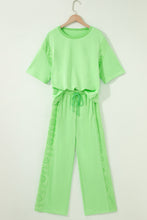 Cargar imagen en el visor de la galería, Sachet Pink Lace Patchwork Half Sleeve Top Elastic Waist Pants Two Piece Set