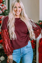 Cargar imagen en el visor de la galería, Burgundy Sequin Patchwork Sleeve Open Back Waffle Knit Top