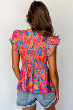 Cargar imagen en el visor de la galería, Rose Red Floral Print Smocked Ruffle Trim Flutter Sleeve Blouse