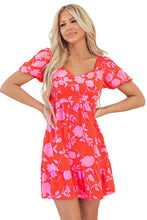 Load image into Gallery viewer, Red Floral Bubble Sleeve Sweetheart Neck Ruffled Mini Dress