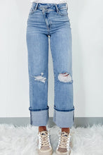 Load image into Gallery viewer, Dusk Blue High Rise Asymmetric Button Zip Fly Ripped Jeans