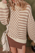 Load image into Gallery viewer, Khaki Stripe Checkerboard Drop Shoulder Balloon Sleeve Sweater