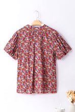 Cargar imagen en el visor de la galería, Purple Floral Print Knotted High Neck Puff Sleeve Blouse