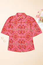 Cargar imagen en el visor de la galería, Rose Red Floral Print Wide Short Sleeve Loose Shirt