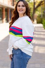 Cargar imagen en el visor de la galería, White Plus Size Colorful Striped Drop Shoulder Loose Sweatshirt