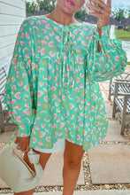 Load image into Gallery viewer, Green Abstract Printed Lace-up Lantern Sleeve Babydoll Blouse