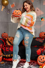 Load image into Gallery viewer, Beige Pointelle Knit Colorblock Patchwork V Neck Hooded Plus Sweater