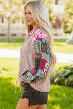 Load image into Gallery viewer, Pink Boho Mixed Floral Drop Shoulder Bubble Sleeve Blouse