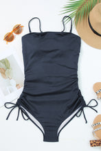 Load image into Gallery viewer, Navy Blue Ribbed Drawstring Sides Cutout One Piece Swimsuit