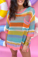 Load image into Gallery viewer, Pink Stripe Colorblock Hollowed Crochet 3/4 Sleeve Sweater
