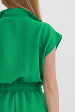 Load image into Gallery viewer, Bright Green Textured Short Sleeve Half Zip Drawstring Waist Romper