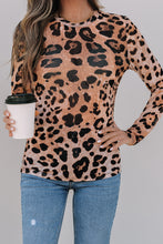 Load image into Gallery viewer, Brown Leopard Round Neck Long Sleeve Slim Top