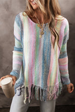 Load image into Gallery viewer, Purple Color Block Fringed Drop Shoulder Tunic Sweater