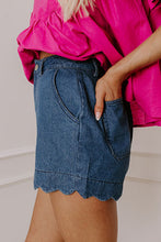 Cargar imagen en el visor de la galería, Sail Blue Scalloped Hemline Acid Wash High Waist Denim Shorts