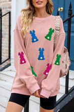 Load image into Gallery viewer, Pink Easter Rabbit Patched Pattern Corded Crewneck Sweatshirt