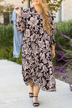 Load image into Gallery viewer, Black Plus Size Floral Printed Puff Sleeve Collared Maxi Dress