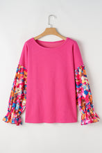 Cargar imagen en el visor de la galería, Bright Pink Floral Patchwork Flounce Sleeve Rib Knit Plus Top